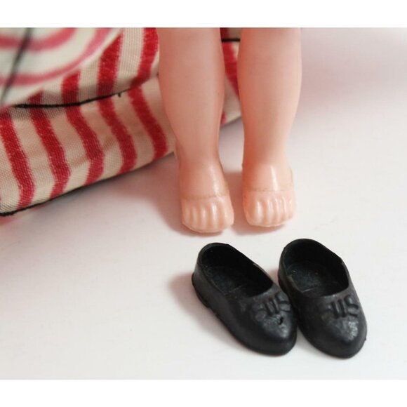 Vintage Plastic Costumed Display Doll Sleep Eyes Frozen Legs Red & White Dress - Picture 10 of 10